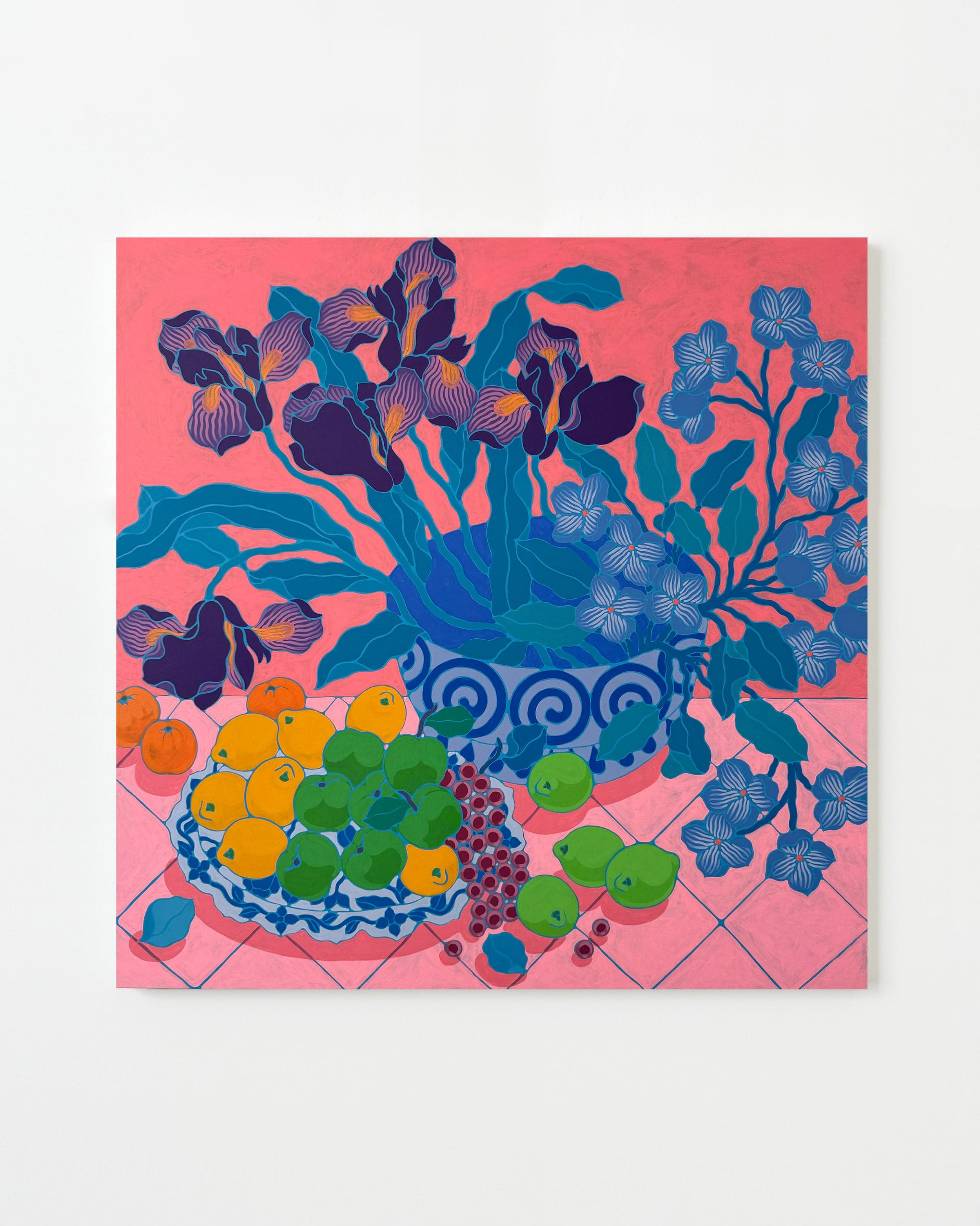 Painting by Sarah Ingraham titled "Platter of Fruit with Big Bowl of Flowers".