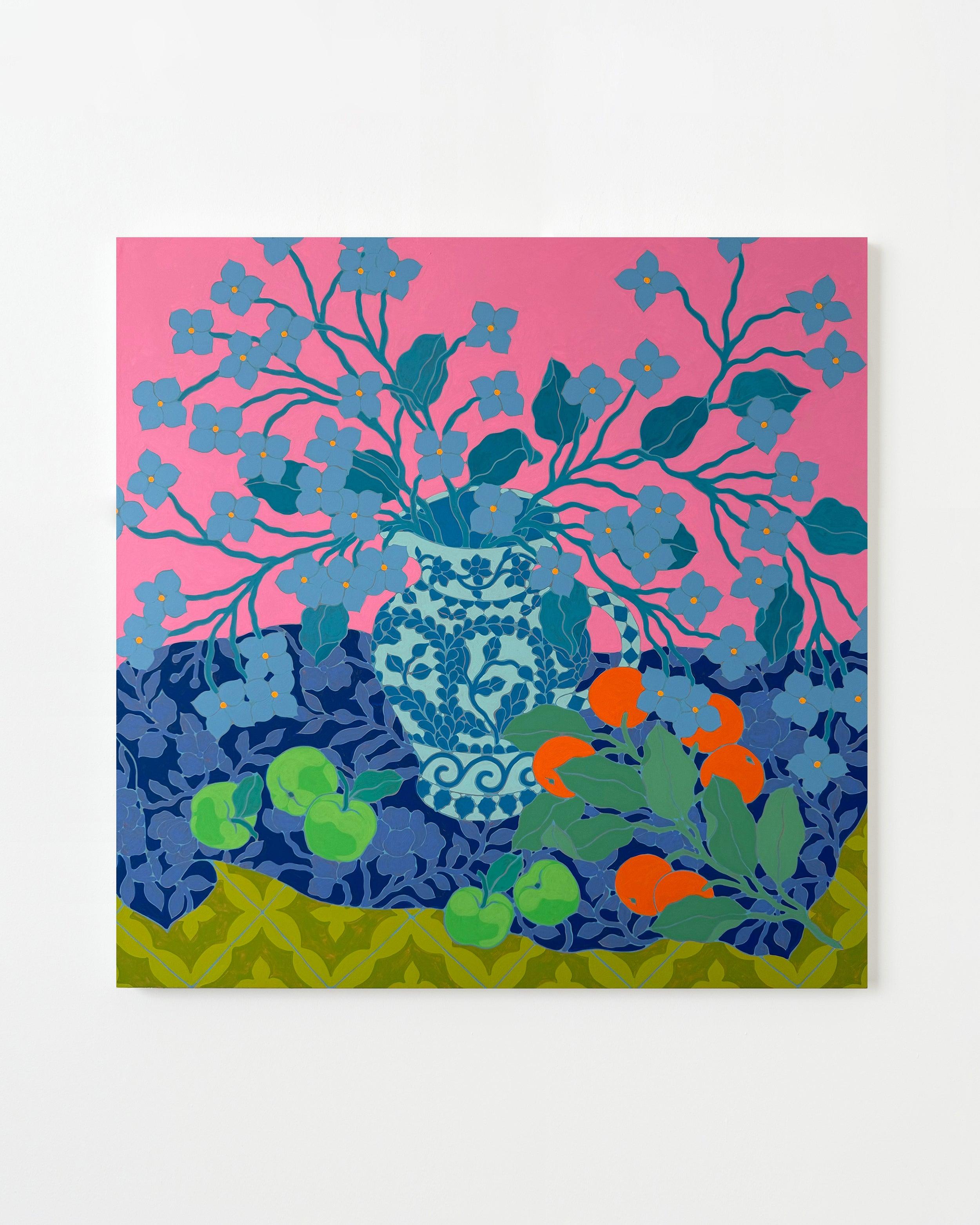 Painting by Sarah Ingraham titled "Bouquet and Floral Blanket on Green Tile".