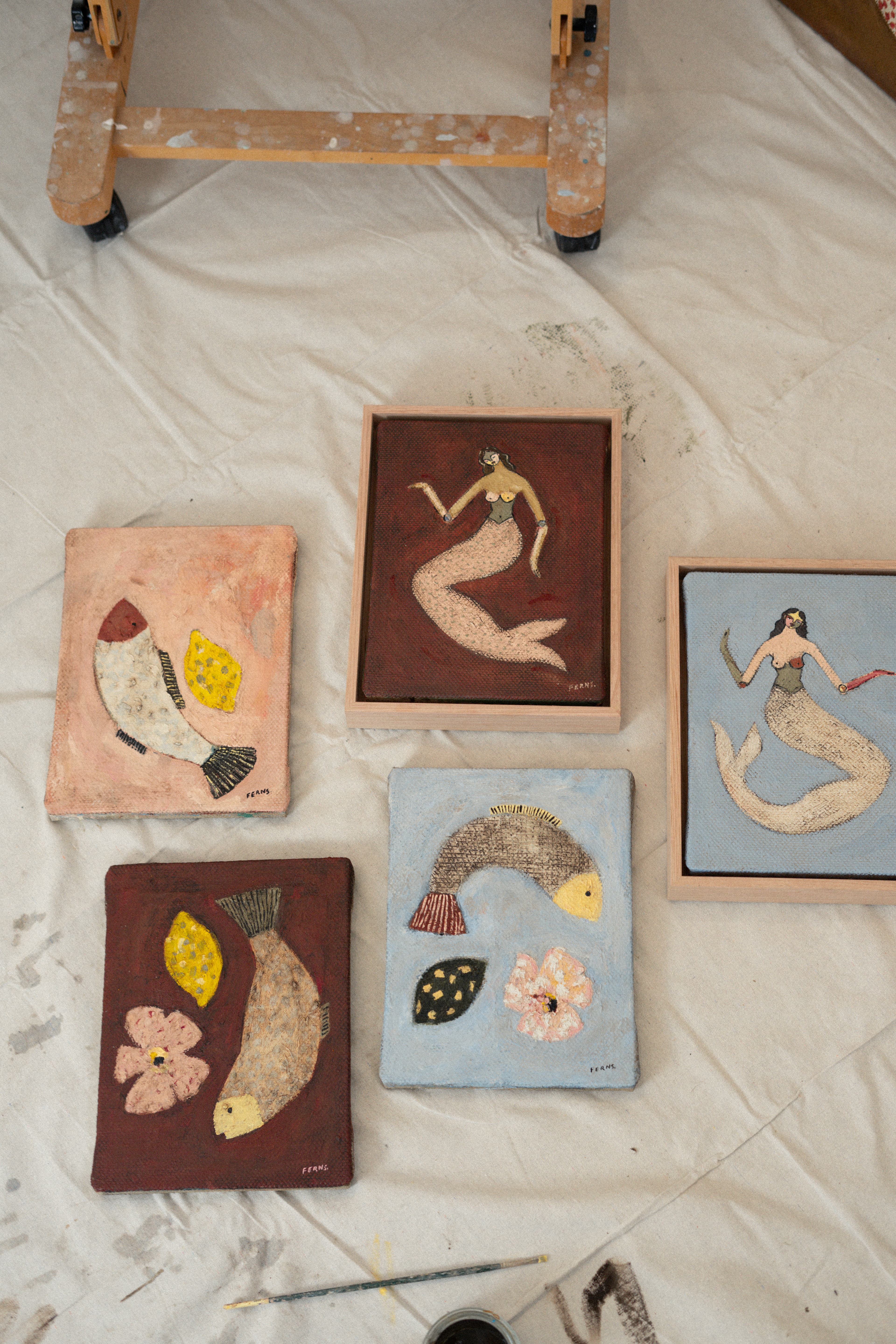 Small, mythology-inspired works on canvas by artist Brittany Ferns.