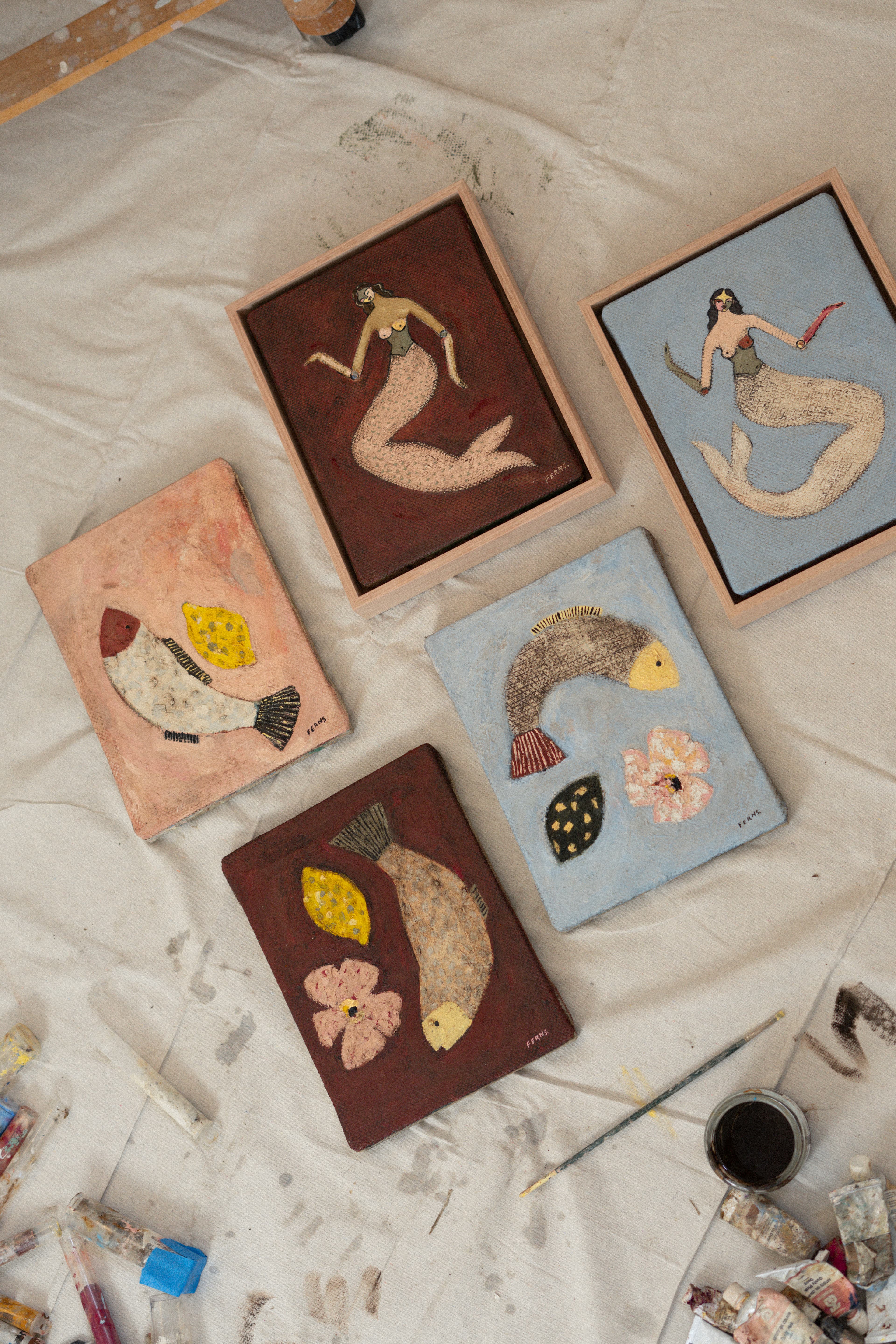 Five small paintings on canvas inspired by mythology and mermaids by artist Brittany Ferns.