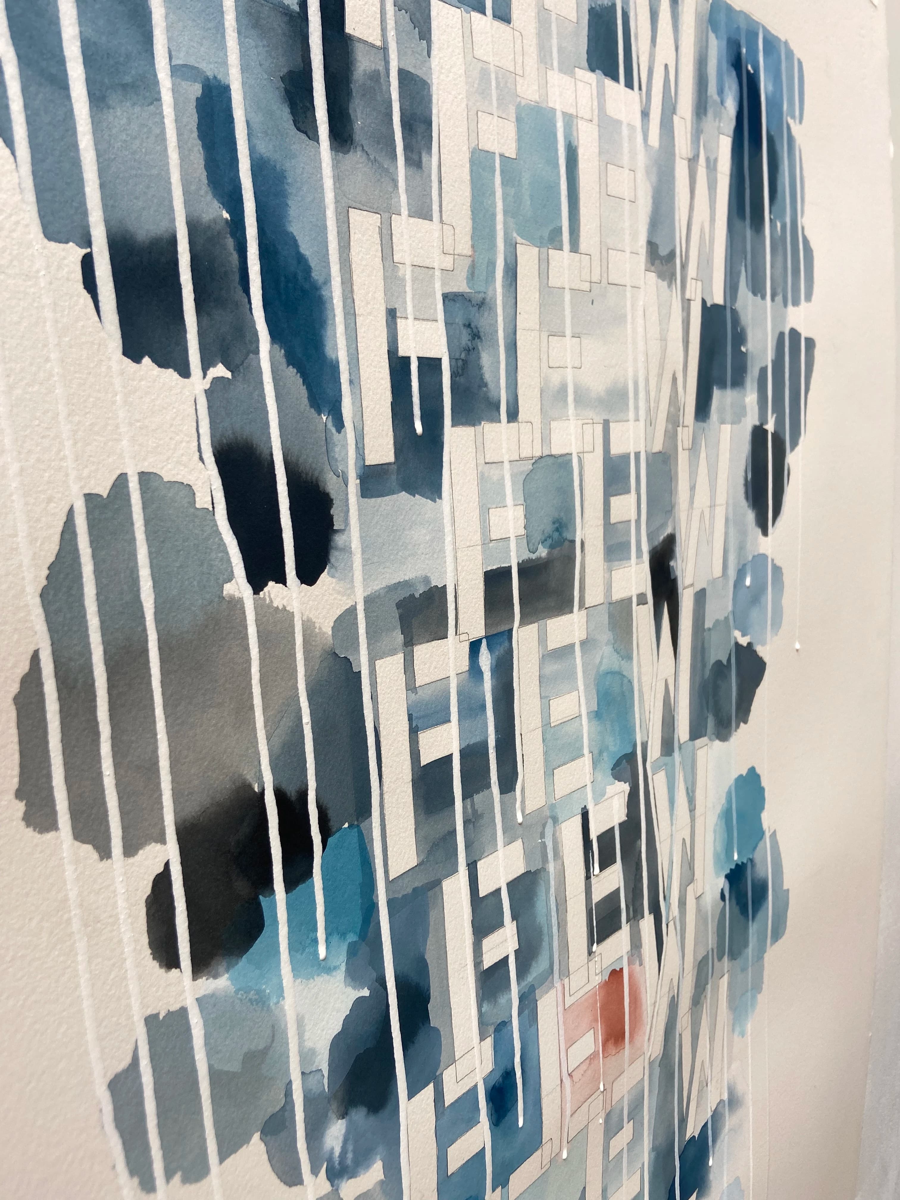 Close-up of a blue text-based work with white paint drips by artist Gail Tarantino.