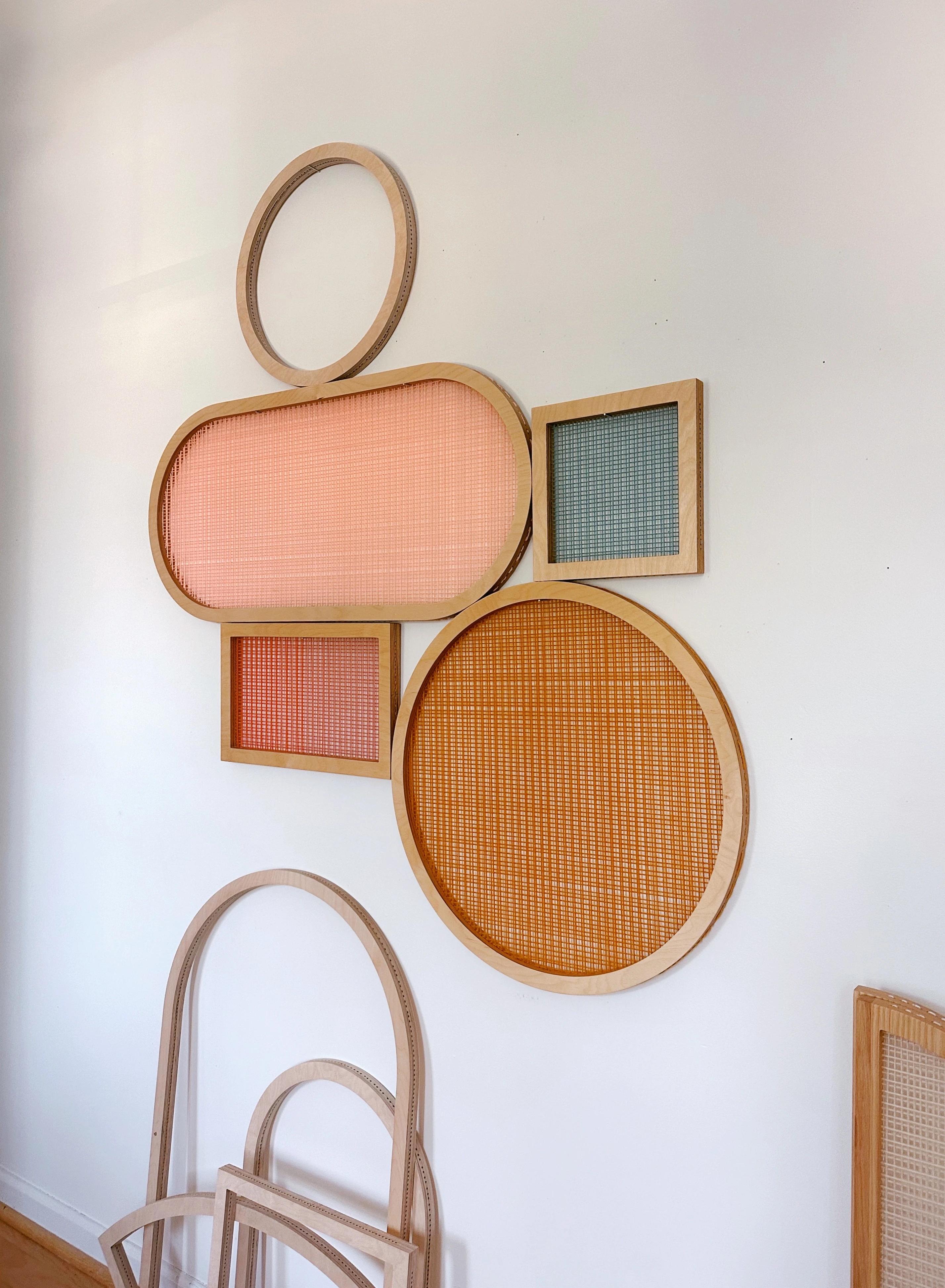 Shaped screens with birch frames by artist Hayley Sheldon.