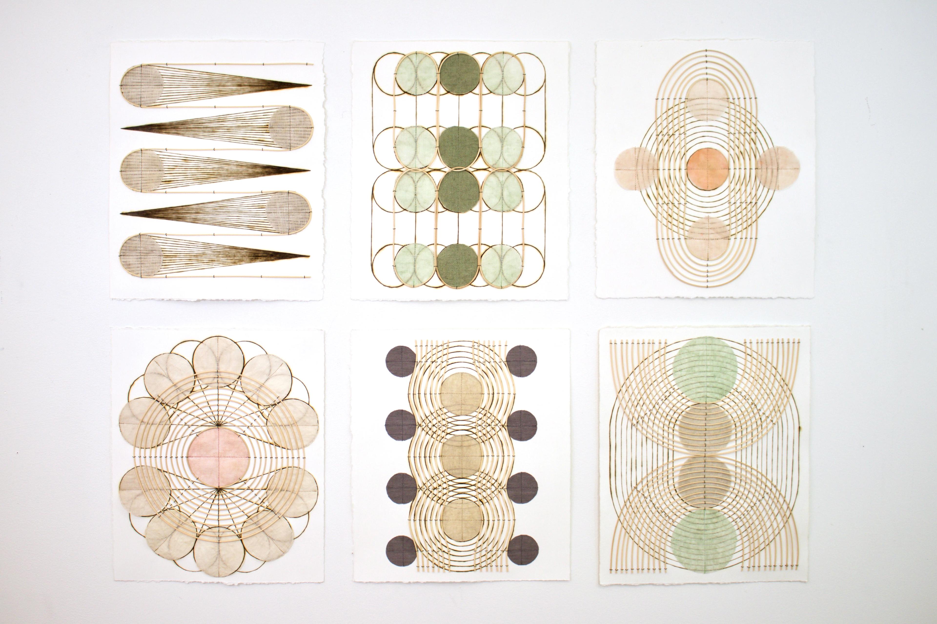 Works on paper with handburnt lines by artist Katrine Hildebrandt-Hussey.