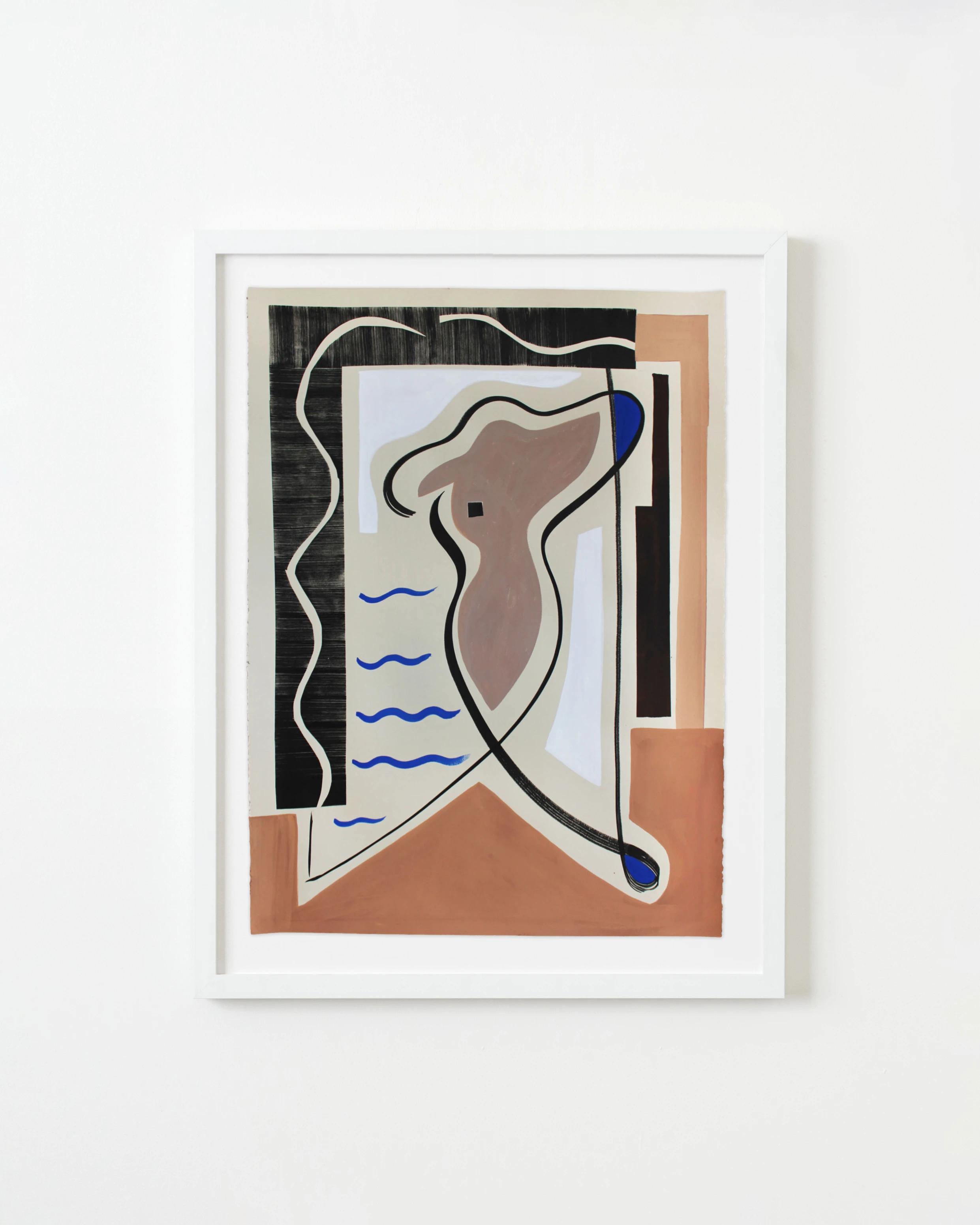 A framed, abstract work on paper with undulating lines by artist Anna Koeferl.