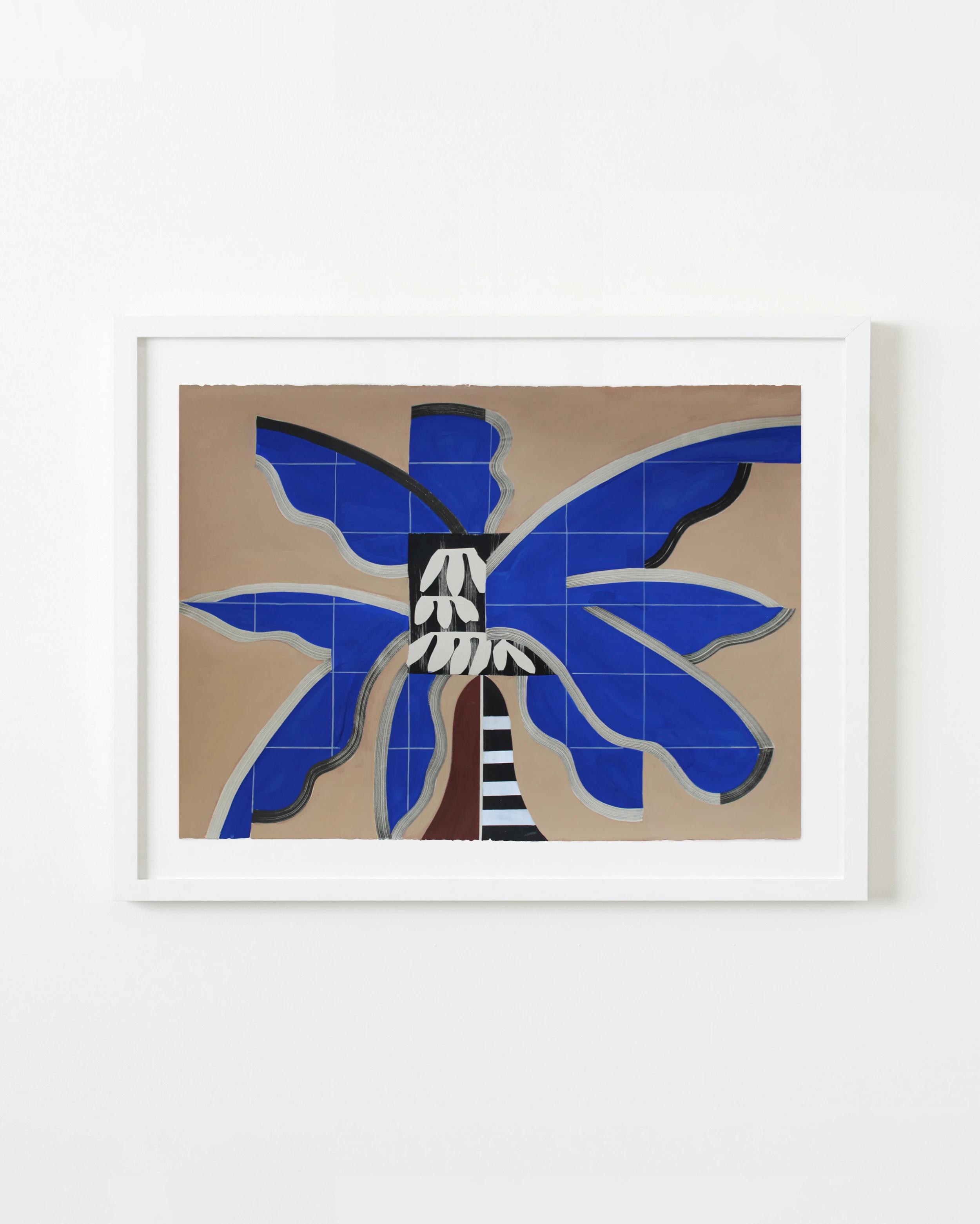 A framed, gestural work of a blue banana tree by artist Anna Koeferl.