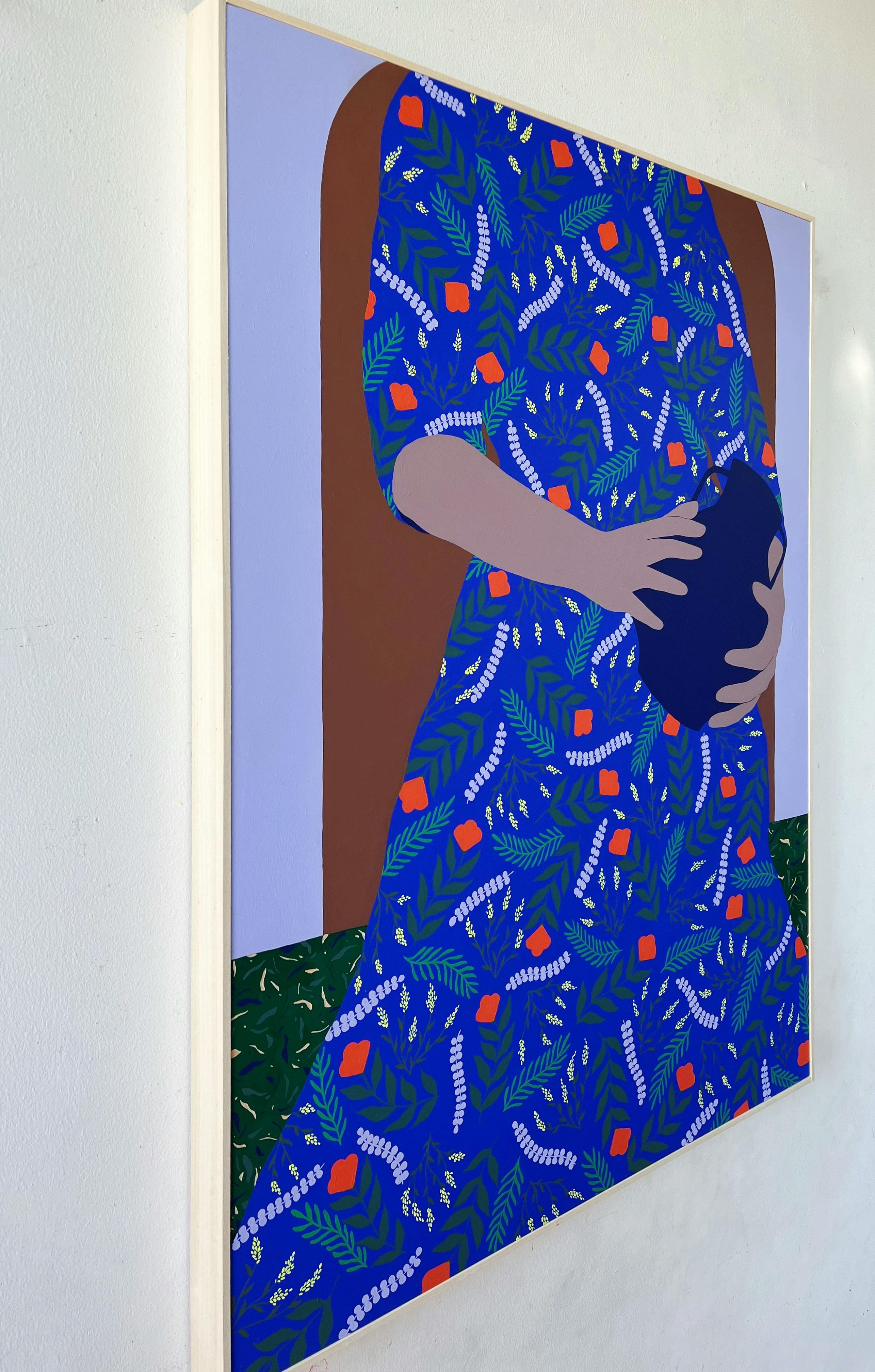 A hand-carved painting on wood panel of a women in a patterned blue dress by artist Carmen McNall.