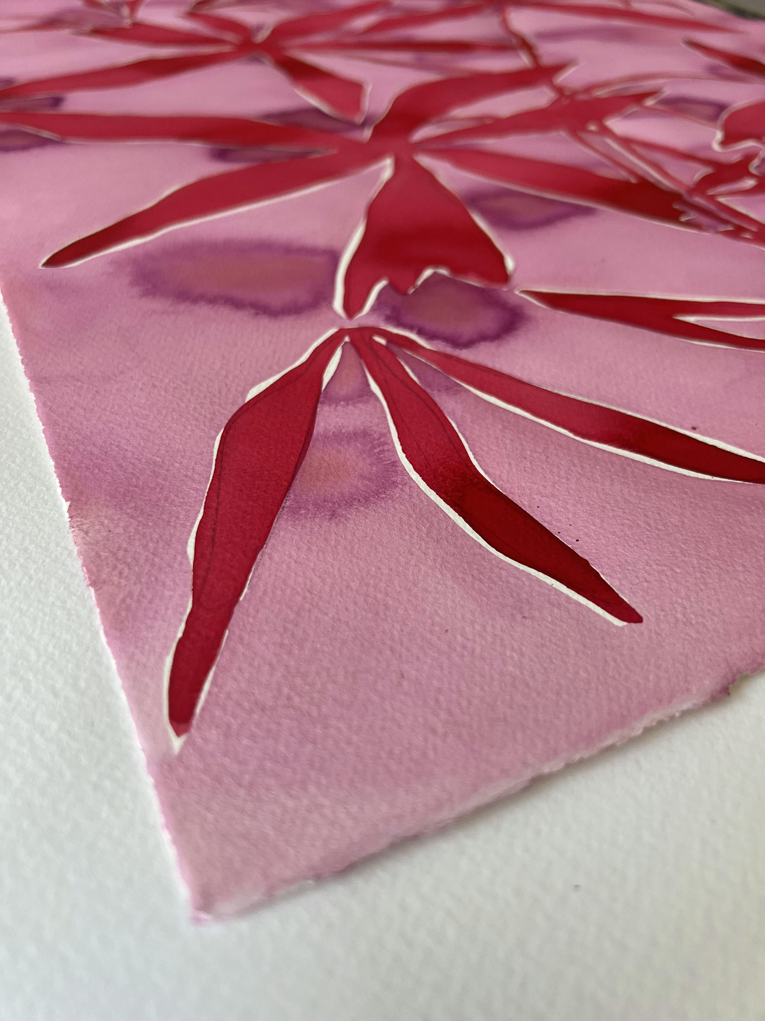 Close-up of a pink and red abstract, botanical work on paper by artist Kate Roebuck.