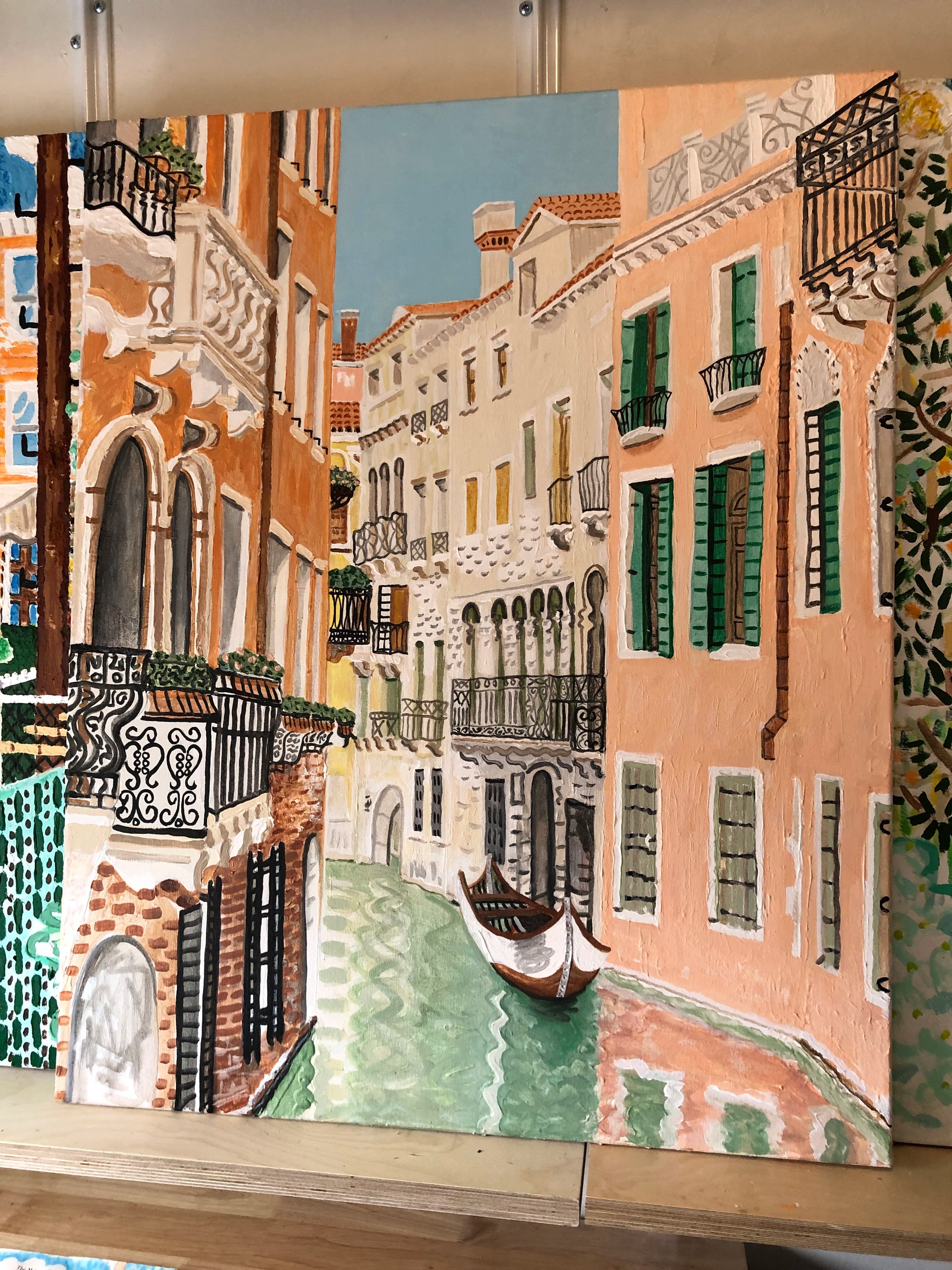 A watercolor painting by artist David Rhoads of the Venice canals.