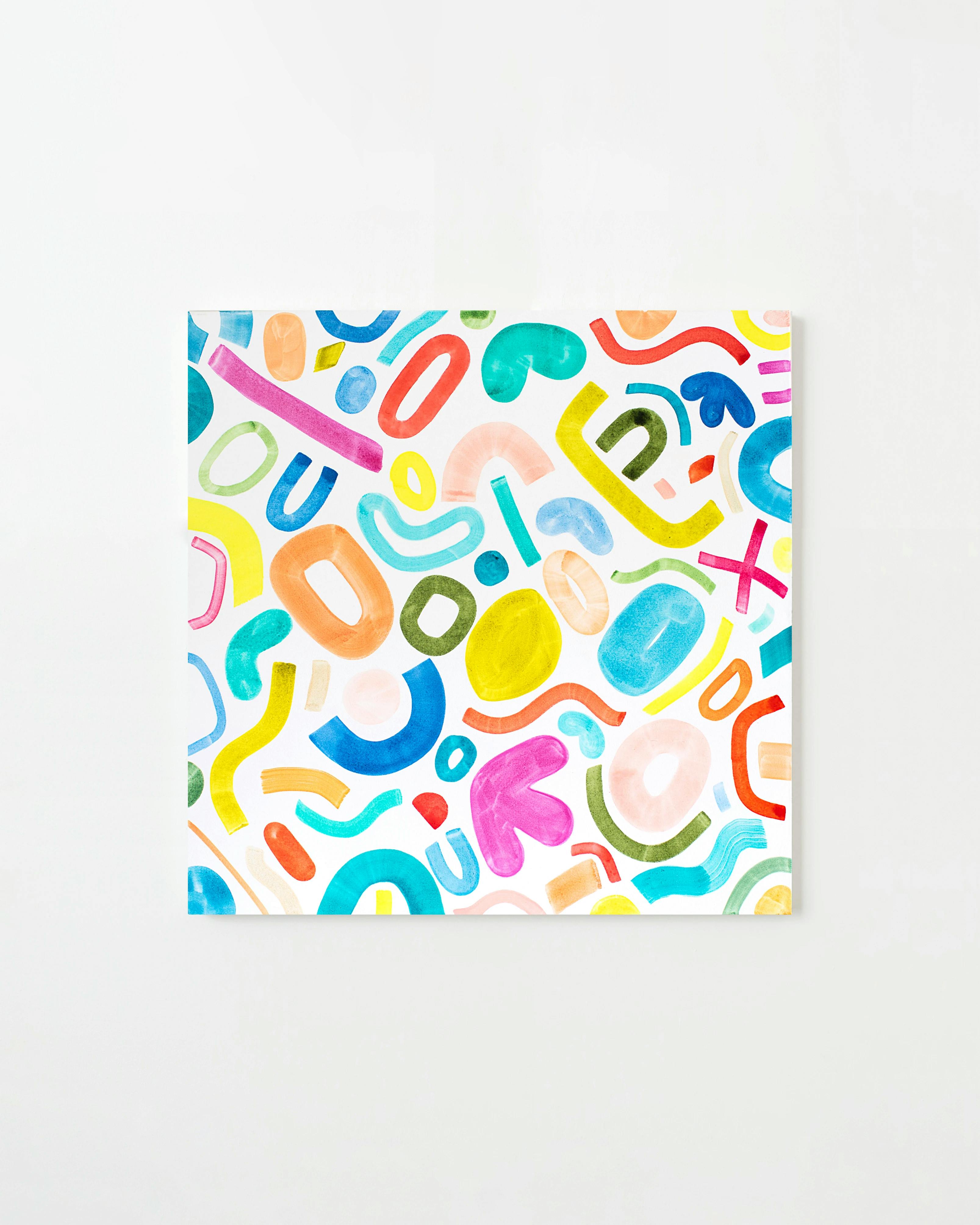 A colorful, acrylic painting on canvas with shapes and squiggles by artist Britt Bass.