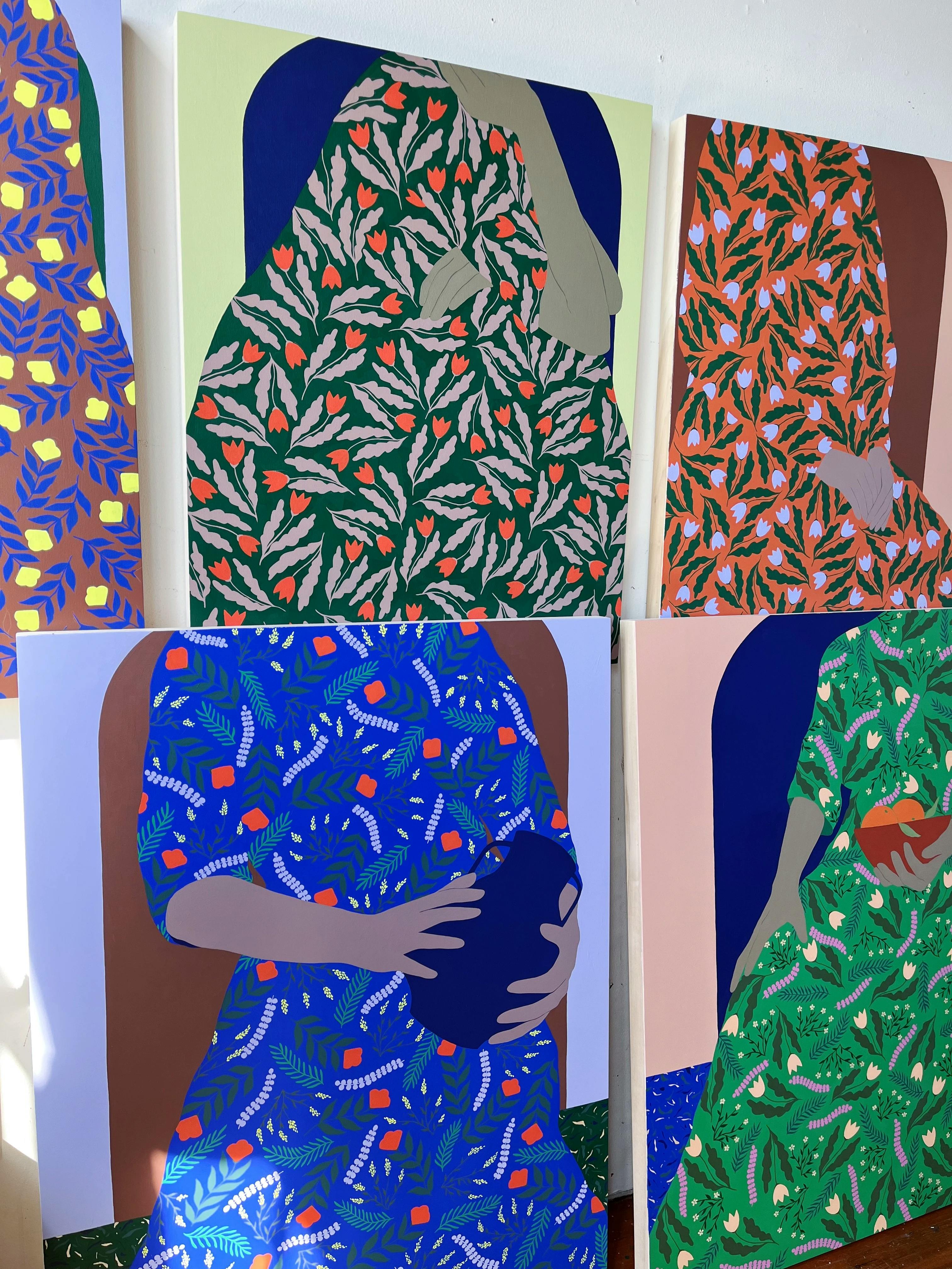 Hand-carved paintings on wood panel of women in patterned dresses by Carmen McNall.