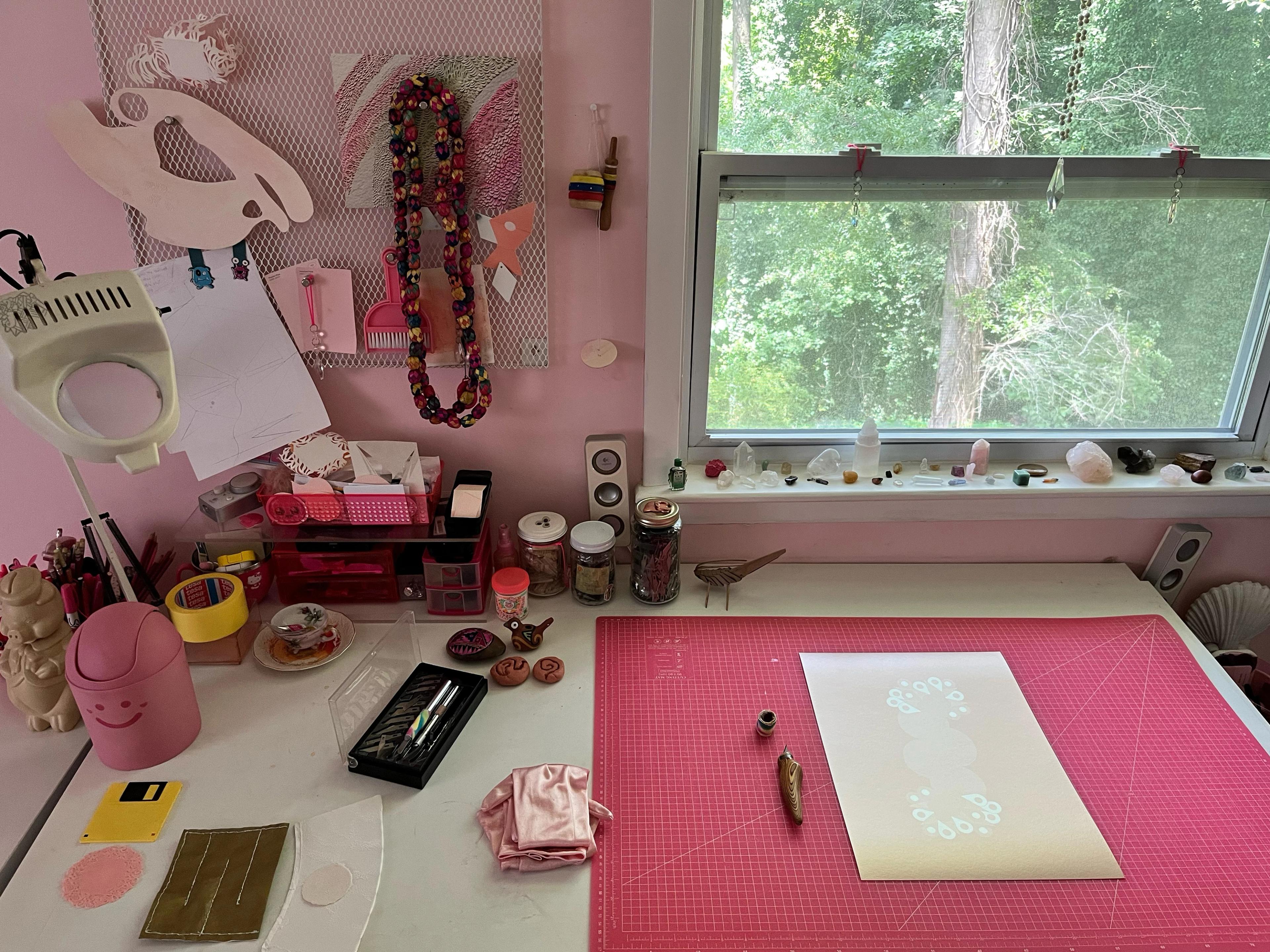 Artist Lucha Rodríguez's pink artist studio.