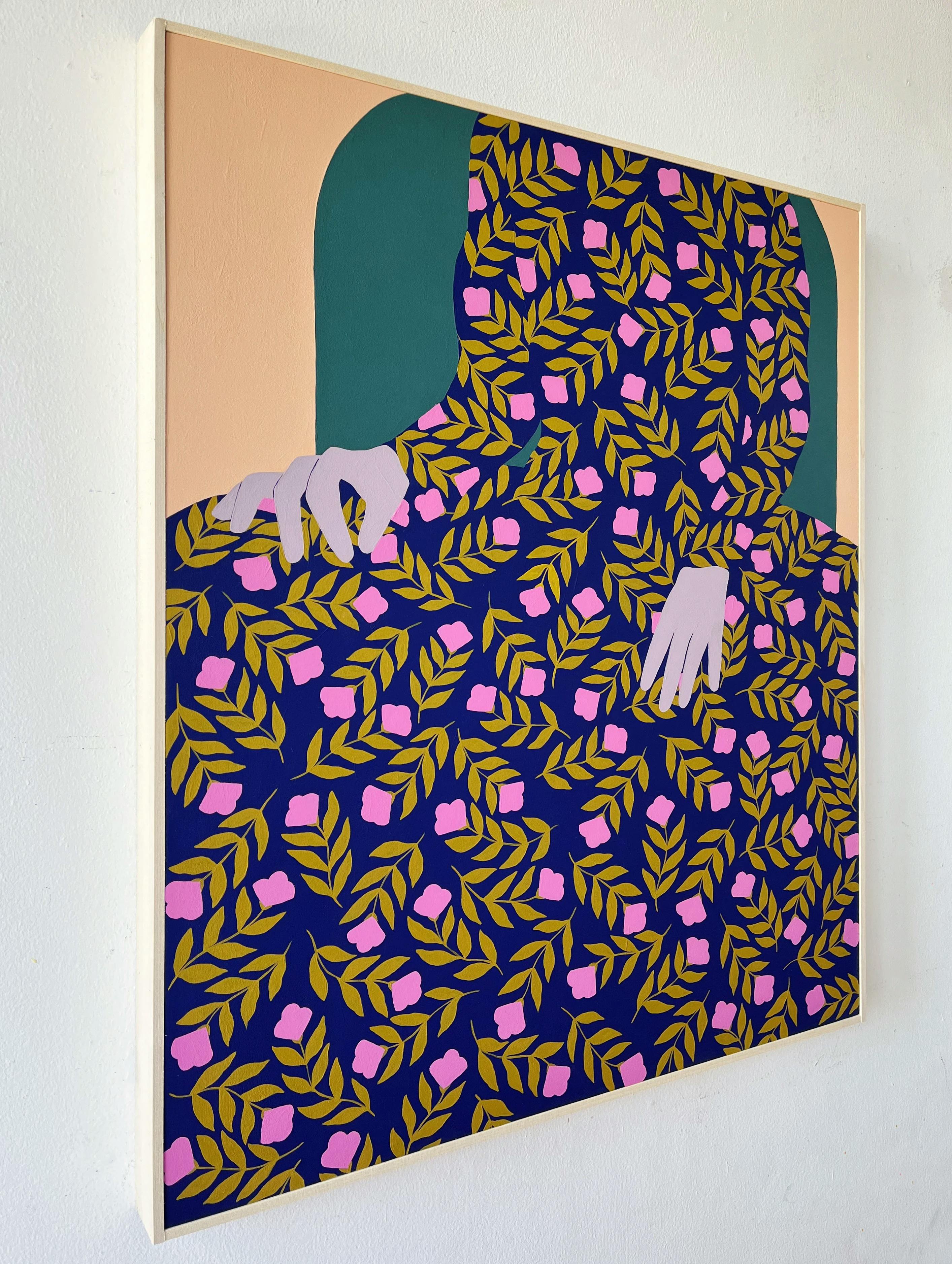 A framed, figurative painting of a woman in a pink and purple patterned dress by artist Carmen McNall.