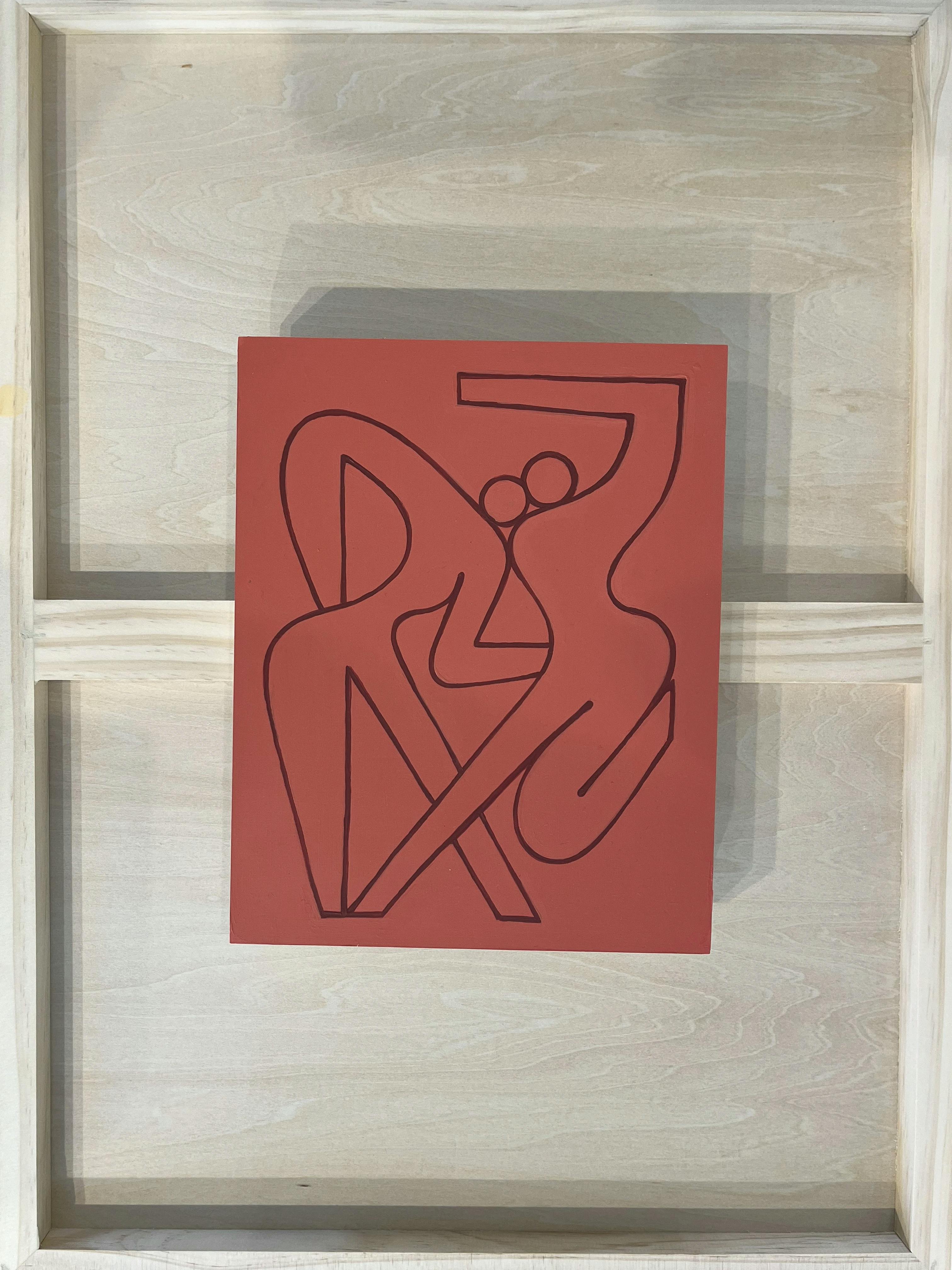 A red painting of two entangled figures by artist Lourenço Providência.