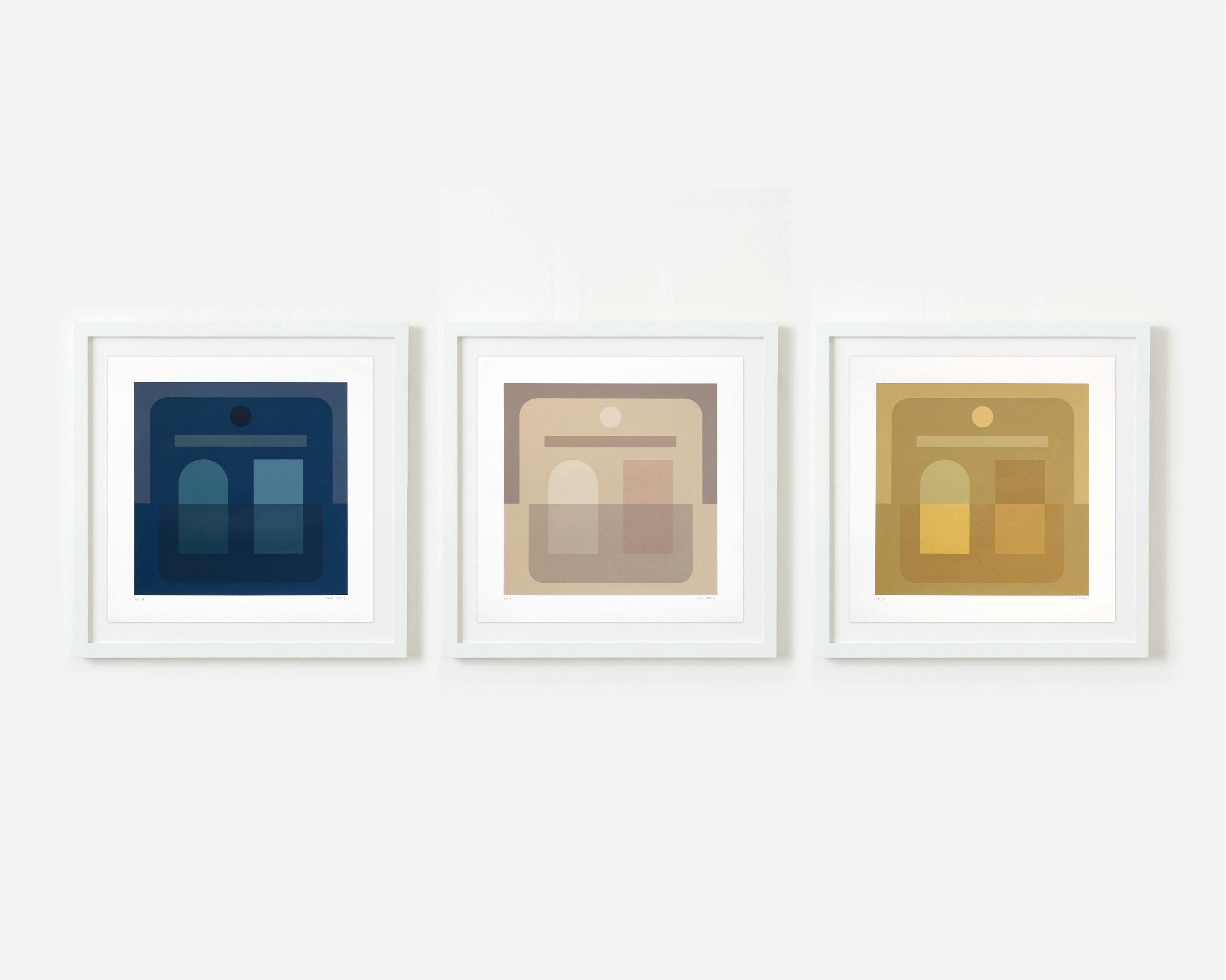 Three, framed hand-pulled screenprints by artist Carla Weeks in various colors: blue, beige, and yellow.