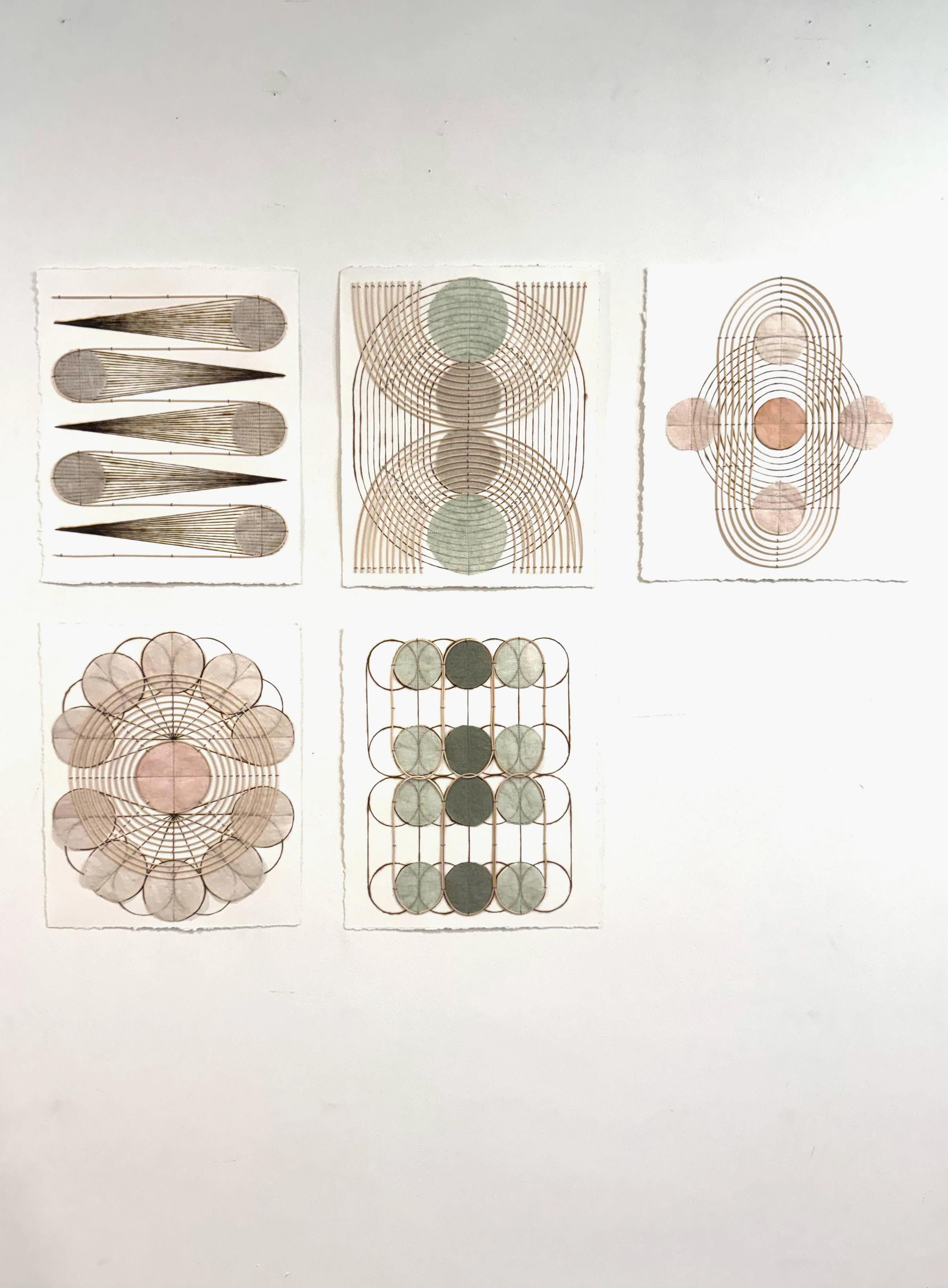 Works on paper with handburnt lines, wire, and naturally-dyed fabric by artist Katrine Hildebrandt-Hussey.