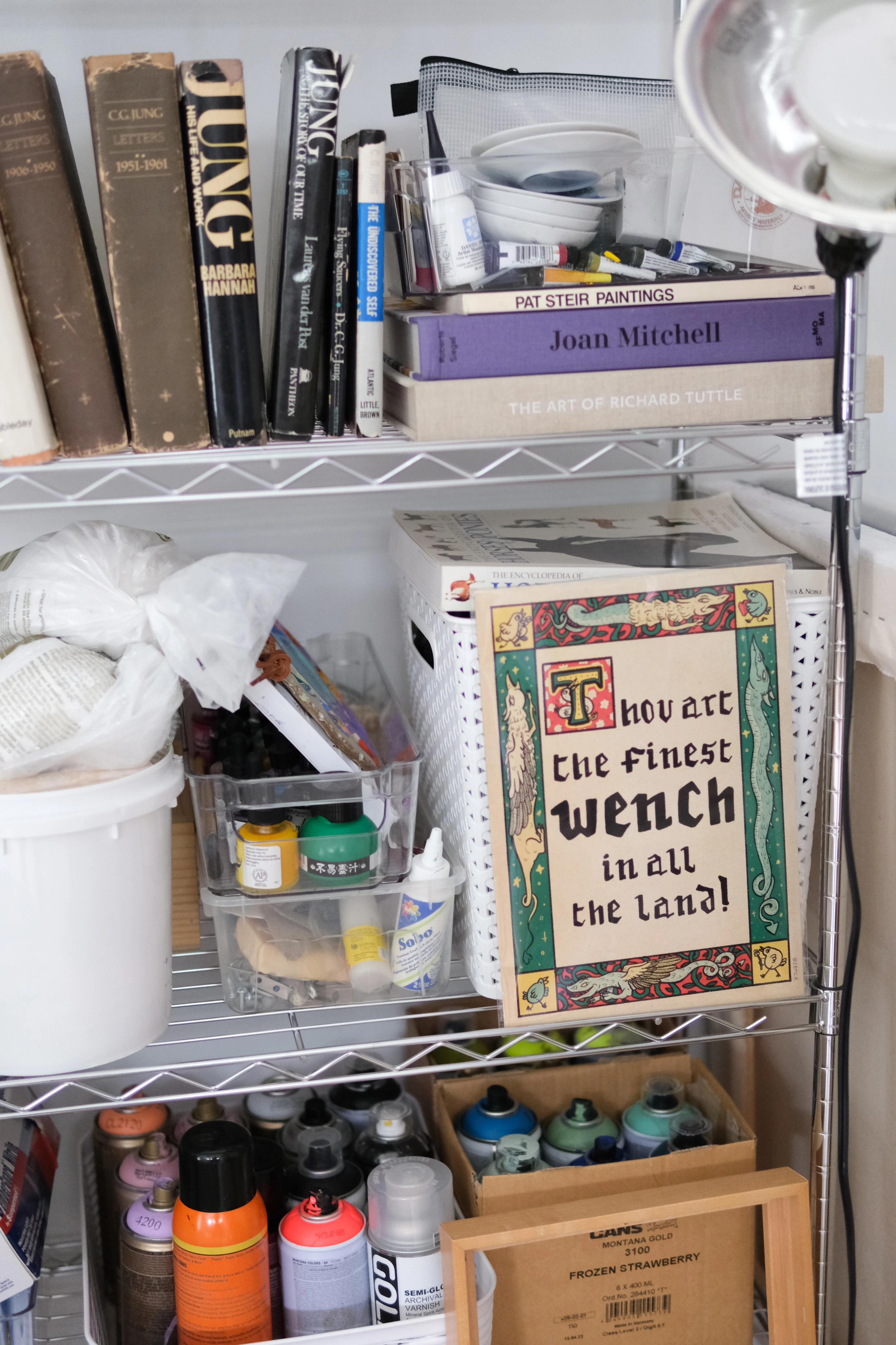 Materials and books on metal shelves in artist Ashely Peifer's studio. 